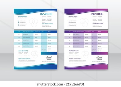 Professional invoice design template, Abstract corporate business invoice design with 2 color variation.