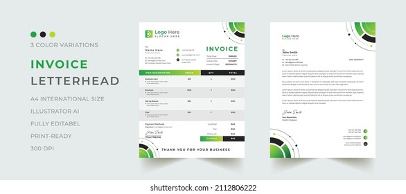 Professional Invoice And Letterhead Design In Green Color, For Corporate Office. Letterhead, Invoice Design Illustration. Simple And Creative Modern Corporate Clean Design..