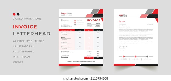 Professional invoice and letterhead  design in red Color, for corporate office. letterhead, invoice design illustration. Simple and creative modern corporate clean design..