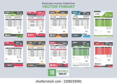 Professional invoice template collection vector with abstract shapes. Corporate business invoice template set design with red and green colors. Payment agreement and cash receipt vector collection.
