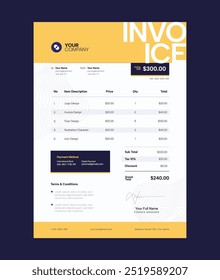 Professional Invoice Template with Itemized Services and Payment Details. Ideal for Business and Financial Transactions. Clean and Modern Layout