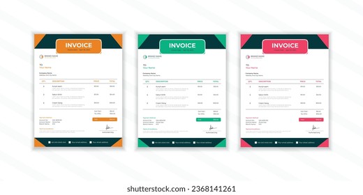 Professional invoices elegant bill form business invoice accounting template cash memo print design template whit 3colors