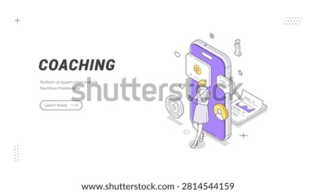 Professional isometric banner template for online coaching and e-learning. This vector illustration shows business mentorship through a smartphone, suitable for educational platform landing pages