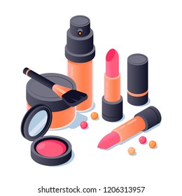 Professional isometric makeup. Cosmetics accessories: blush, lipstick, foundation, and eye shadow. Vector 3d illustration set