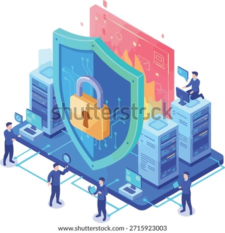 Professional isometric vector graphic design illustrating digital security and robust data center protection. The concept features a huge shield acting as a firewall, locking down critical server infrastructure and preventing potential online attacks. IT experts maintain the secure computing environment.