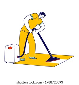 Professional Janitor Character Cleaning Rag In Office Or Hotel Using Steamer Iron. Cleaning Company Staff Male Character In Uniform Working With Equipment Washing Floor. Linear Vector Illustration