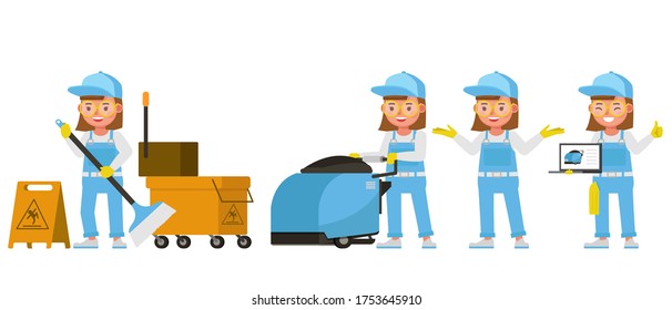 Diseño de carácter vectorial profesional de janitor de niña. Presentación en diversas acciones. 