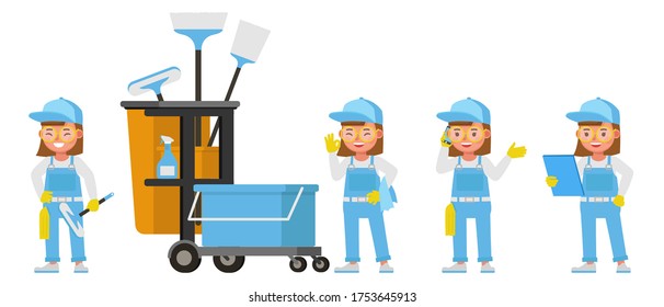Professional janitor girl kid vector character design. Presentation in various action. 