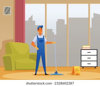 Professional janitor working in office