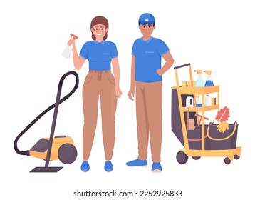 Profesional janitorial presta servicios a los trabajadores con caracteres vectoriales de color semiplano. Cifras editables. Gente de cuerpo entero en blanco. Ilustración simple de estilo de dibujos animados para diseño gráfico web y animación