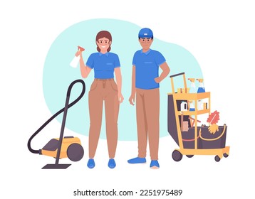 Professional janitors with cleaning equipment 2D vector isolated illustration. Housekeepers flat characters on cartoon background. Colorful editable scene for mobile, website, presentation