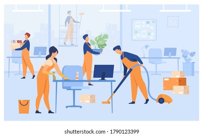 Professional Janitors Working In Office Isolated Flat Vector Illustration. Cartoon Cleaning Team Washing, Holding Stuff, Removing Dust, Using Vacuum Cleaner. Clean Service And Hygiene Concept