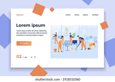 Empleadores profesionales que trabajan en ilustraciones vectoriales planas aisladas de oficina. Equipo de limpieza de caricaturas lavando, sujetando cosas, quitando polvo, usando aspiradora. Concepto de servicio limpio e higiene