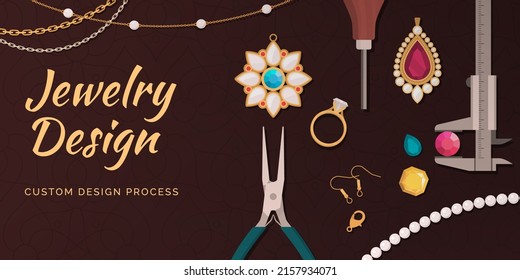 Professional Jewelry Making, Repair And Custom Design: Jewelry Making Tools, Gemstones, Supplies And Precious Jewels, Vector Banner With Copy Space