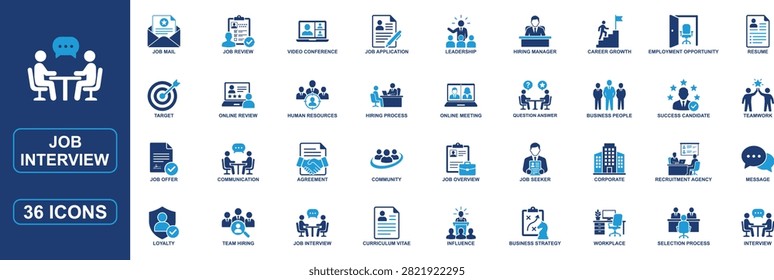 Professional job interview icon set featuring hiring process, recruitment, resume, employment, career growth, leadership, human resources, video interview, candidate selection, teamwork, communication, and corporate business symbols. Ideal for HR software, recruitment platforms, websites, dashboards, and presentations.