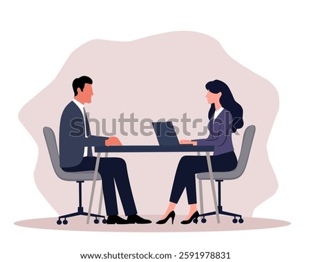 Professional job interview illustration featuring a man and woman in a formal office setting. Perfect for career, recruitment, HR, business, and corporate concepts