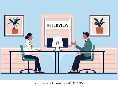 Professional job interview recruitment campaigns, HR presentations, career websites, business articles, job portals,  training materials focused on interviews, hiring, and professional communication.