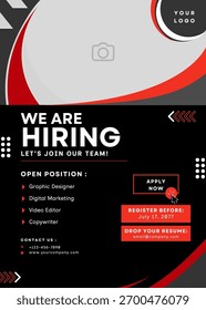 Modelo de cartaz de vaga de emprego profissional com tipografia em negrito e design vermelho e preto dinâmico. Anúncio de contratação, anúncios de recrutamento, promoção de vagas de emprego corporativo.