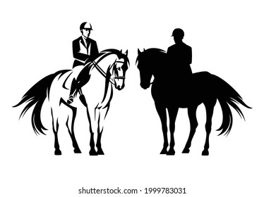 equitación profesional de jockey caballete de pie - deporte ecuestre esqueleto vectorial negro y blanco y conjunto de siluetas