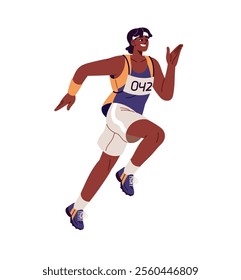 Professional jogger running in sport race. Sportsman jogging at marathon. Black athlete contests at sprint. Happy runner in sportswear training. Flat isolated vector illustration on white background