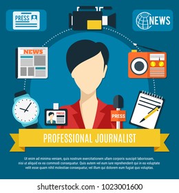 Professional journalist background with news anchorwoman character press microphone radio receiver flat icons vector illustration