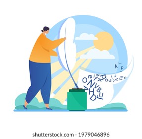 Professional journalist, copywriter, content manager, blogger typing text, posting, create books, poetry or narration literature. Flat abstract metaphor cartoon vector concept design isolated on white