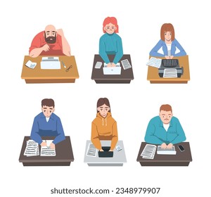 Professional Journalist at Desk Writing Article or Post on Laptop and Typewriter Vector Illustration Set