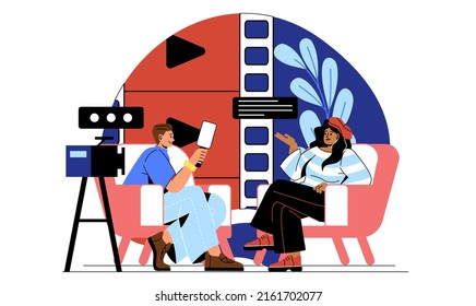 Professional journalist interviewing. Man with microphone asks questions to young girl in studio. Media and TV shows with news. Famous person shares her opinion. Cartoon flat vector illustration