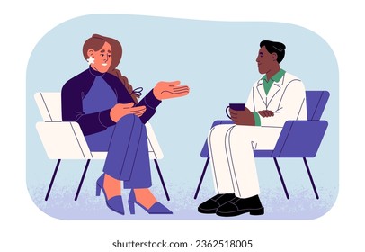 Professional journalist interviews celebrity. Interviewer ask questions to public person. Actress answers on talk show, meeting with famous artist on tv. Flat isolated vector illustration on white