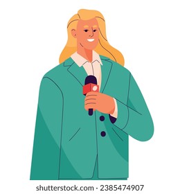 Periodista profesional entrevistado. Periodista, presentador de noticias con micrófono reportan noticias en la televisión. Mujer parada, sosteniendo retrato de micrófono. Negocios de medios. Ilustración vectorial aislada plana sobre fondo blanco