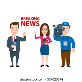 professional journalists and operator on white background. breaking news