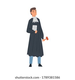 Professional Judge, Male Court Worker Character in Judicial Robe Standing with Hammer Vector Illustration on White Background