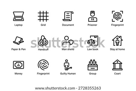 Professional judicial system symbols including trials, legal paperwork, ethics control and government authority
