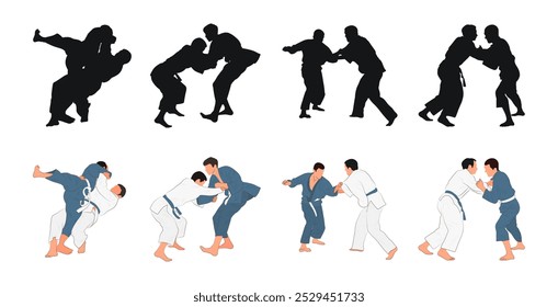 Professional judokas silhouettes in training. Judo athletes black, flat. Sports icons collection. Fighters. Martial arts