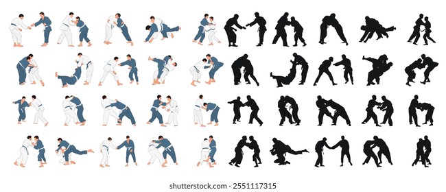 Professional judokas silhouettes in training. Judo athletes black 
and colored. Sports collection. Fighters. Martial arts