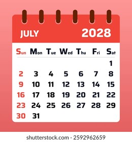 Professional July 2028 calendar with a structured layout. Great for time management, organizing meetings, and planning summer holidays.