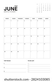 Professional June 2027 Calendar Vector Illustration Template For Printable Monthly Planning Monday Start for 2027 designed for administrative workflows, publishing and office organization
