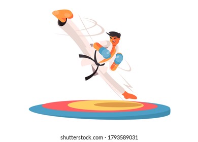 Professional karate man vector illustration. Guy in special uniform flat style. Person training and performing exercise. Active lifestyle. Sport and strong body concept. Isolated on white background