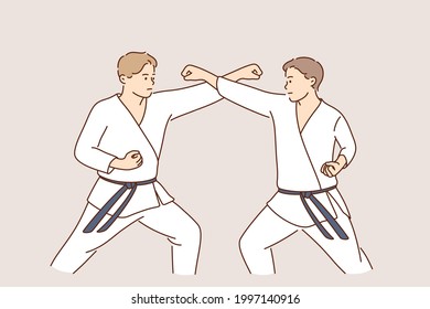 Professional karate sport fighters concept. Two strong men cartoon characters in white uniforms standing fighting practicing karate together vector illustration 