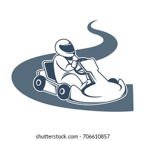 Professional kart racer sits in vehicle and drives down road