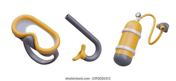 Professional kit for diving. Glasses, breathing mask, and aqualung with tube on white background. Vector illustration in 3d style in yellow and black colors