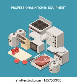 Professional kitchen appliances isometric image with commercial range microwave oven  toaster breakfast equipment chef knives vector illustration 