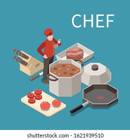 Professional kitchen appliances staff food isometric composition with restaurant chef tasting soup from commercial pot vector illustration 