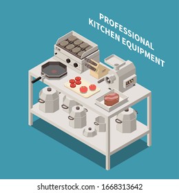 Professional kitchen equipment appliances isometric composition with industrial meat mincer chef knives electric grill pans vector illustration 