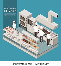Professional kitchen equipment appliances isometric composition with cooks preparing food using deep fryer cutting ingredients vector illustration 