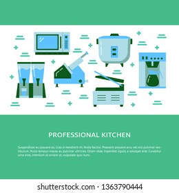 Professional kitchen equipment concept banner in flat style. Restaurant or cafe appliances poster template with place for text. Vector illustration.