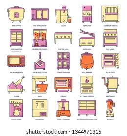 Professional kitchen equipment icon set in colored line style