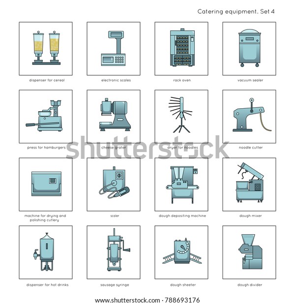Professional kitchen equipment for restaurants and
cafes: dispenser for cereal, rack oven, noodle cutter, cheese
grater, press for hamburgers, scaler, dough mixer. Modern color
icons, set 4.