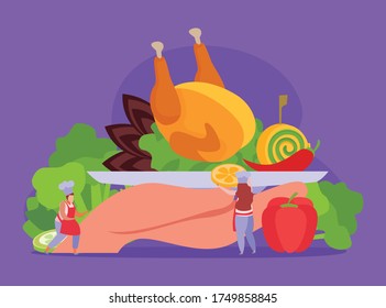 Professional kitchen flat composition with small characters of cooks and pile of fresh food on plate vector illustration