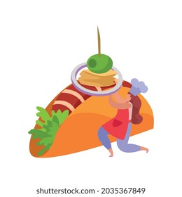 Icono plano de cocina profesional con deliciosa buritto e ilustración vectorial de carácter humano